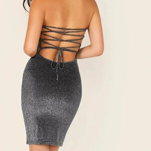 NEW! Sparkly Shimmer Gray Bodycon Lace-Up Back Mini Dress